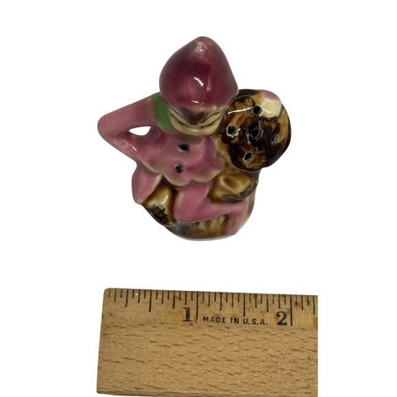 Vintage Pink Pixie Elf Salt Shaker Japan On Brown Tree Trunk Ceramic 1950’s - Picture 9 of 11